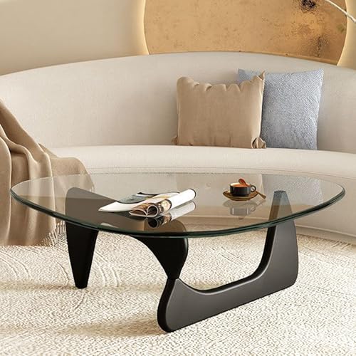Couchtisch Wohnzimmertisch Sofatisch,Dreieckiger Beistelltisch Glas fürs Wohnzimmer mit Holzbeinen, Kaffeetisch, Glastisch Kaffeetisch fürs Wohnzimmer/Balkon (Black, Trumpet) von Generisch