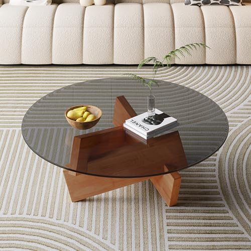 Couchtisch aus Glas mit Holzsockel, Tischplatte aus gehärtetem Glas für Wohnzimmer oder Büro von Generisch