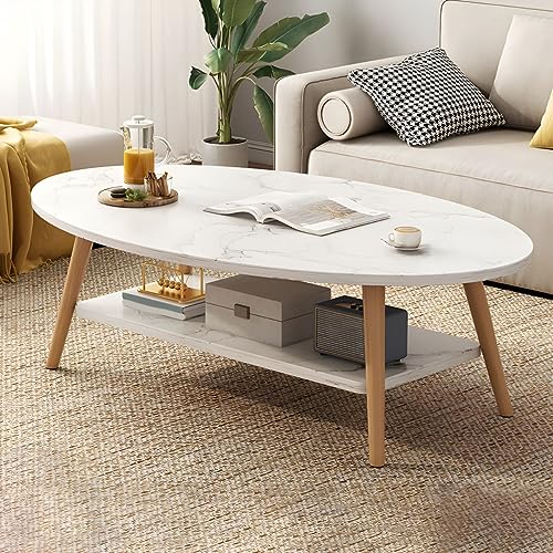 Couchtisch aus Holz, 119,4 cm L x 61 cm B x 41,9 cm H, ovales Design, einfacher Stil, Wohnzimmermöbel, Couchtisch mit Regal, weiß gekalkte Oberfläche, perfekt für Wohnung & Balkon von Generisch