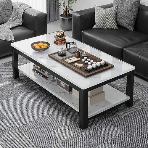 Couchtisch aus Marmorfurnier mit gehärtetem Glas, 2-stöckiges Ablageregal, Kleiner Mitteltisch, Wohnzimmer für Schlafzimmer, Esszimmer von Generisch
