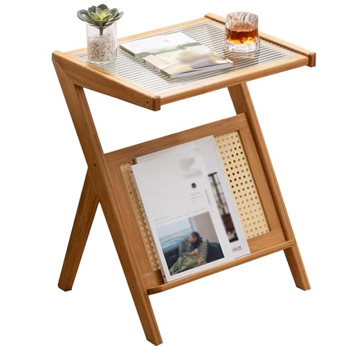 Couchtisch aus natürlichem Rattan mit Glasplatte, Dreieck-Design, abnehmbare kratzfeste Oberfläche, Balkon & Wohnzimmer Beistelltisch, inklusive Zeitschriftenhalter, leicht zu reinigen (klein) von Generisch