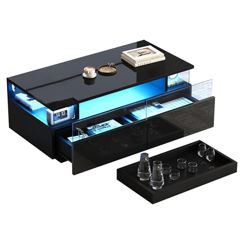 Couchtisch mit Tablett, Sofatisch mit 2 Schubladen, Beistelltisch mit gehärteter Glasstütze und LED-Licht für das Wohnzimmer, Schwarz 90 x 45 x 35,5 cm von Generisch