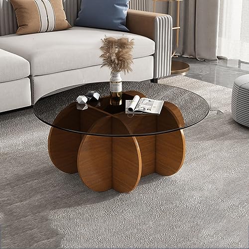 Couchtisch – runde Glasplatte mit Massivholzsockel – stilvoller Mitteltisch für Wohnzimmer und Terrasse – klares gehärtetes Glas – Eiche und graue Oberfläche von Generisch