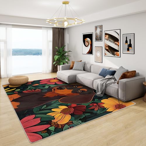Dackel Dekoration - Teppich Wohnzimmer Schlafzimmer Hundemotiv, Großer Teppich Blumenmuster Kinder, Weich Kurzflor & Waschbar & rutschfest Wohnzimmerteppich, Kinderteppich, Bettvorleger 140x200 cm von Generisch