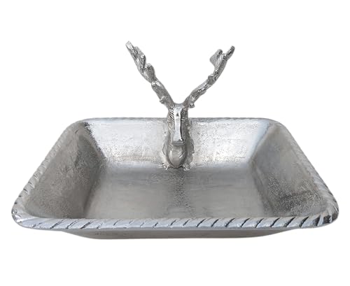 Deko Schale Metall silber Hirsch Hirschkopf Geweih Tablett Schüssel viereckig m von Generisch