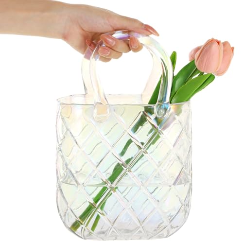 Dekorative Glasvase, transparente Handtaschenförmige Blumenvase mit schillerndem Finish, einzigartiger Tischaufsatz von Generisch
