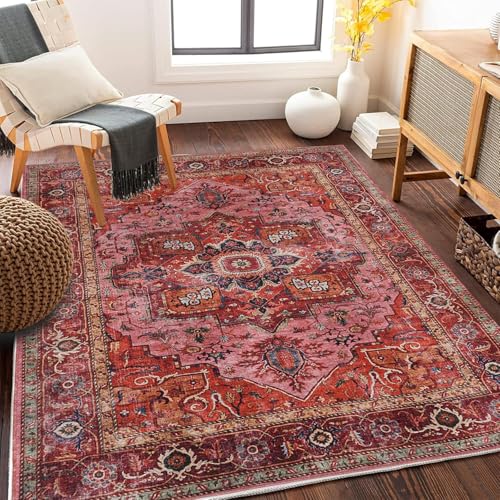 Dekorativer rutschfester Teppich, 160 x 230 cm, waschbar, rechteckig, für Wohnzimmer, Küche, Esszimmer, Retro, geometrisches Blumenmuster, Rosa Dekorativer rutschfester Teppich, 160 x 230 cm, waschbar, rechteckig, für Wohnzimmer, Küche, Esszimmer, Retro, geometrisches Blumenmuster, Rosa von Generisch