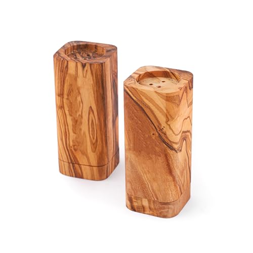 Designer Salz/Pfeffer-Streuer, Salz und Pfeffer Behälter, eckig, 100% Bio, handgefertigt aus feinstem tunesischem Olivenholz, Salzstreuer Set, 2 Stück, elegantes Küchenutensil aus reinem Olivenholz. von Generisch