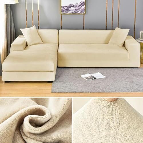 Dicker Samt Stretch Sofabezug L-Form für 1/2/3/4 Sitzsofas, Beige Schonbezug für Wohnzimmer, passend für 90-140cm Sofas, langlebiger und stilvoller Möbelschutz von Generisch