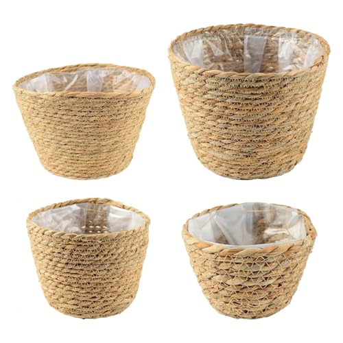 Dicker geflochtener Seilkorb – Korb aus geflochtenem Seil | Set aus Rattan-Pflanzkörben | Set mit 4 dekorativen Töpfen mit Bezügen | Leichte Behälter für Blumen oder Lagerung im Garten, Bal von Generisch