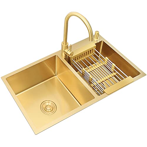 Doppelbeckenspüle aus Edelstahl mit großem Biegung und Abfluss – Ober-/Unterbau 75 x 40 x 22 cm, modernes Design für Geschirrspülen, Gold-Finish von Generisch