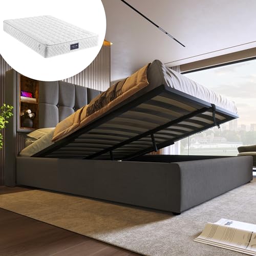 Doppelbett mit kabellosem Laden USB-C und Stauraum, 160x200 cm Polsterbett in Grau mit Federkernmatratze – Praktisches Bettgestell mit USB-Anschlüssen, Gasdruckfeder und Allergiker-TÜV-Zertifiziert von Generisch