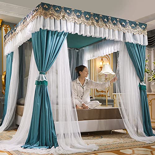 Doppellagige Netz-Prinzessinnen-Betthimmel-Vorhänge für Mädchen, Einzel-/Kingsize-Bett mit Rahmen – Set mit 4 Poster-Betthimmel, Farbe: Blaugrün, Größe: 200 × 220 × 200 cm von Generisch