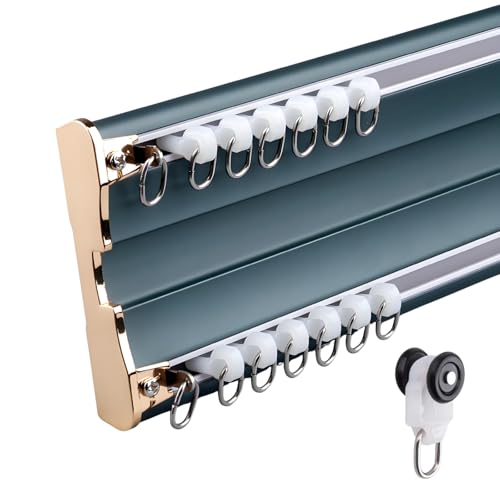 Doppelter Vorhangstangensatz Schwerlast Deckenberg Gardinenschienen 2-läufig Vorhangschiene Aluminium Aumteiler Mit Stummen Rollen Und Endstück Kappe(Blau,2.6m) von Generisch