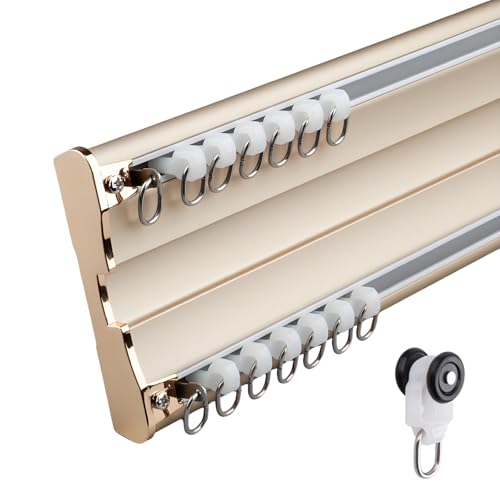 Doppelter Vorhangstangensatz Schwerlast Deckenberg Gardinenschienen 2-läufig Vorhangschiene Aluminium Aumteiler Mit Stummen Rollen Und Endstück Kappe(Gold,0.7m) von Generisch