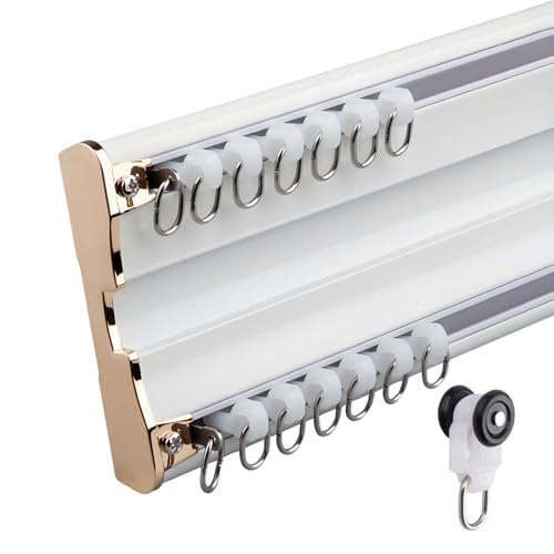 Doppelter Vorhangstangensatz Schwerlast Deckenberg Gardinenschienen 2-läufig Vorhangschiene Aluminium Aumteiler Mit Stummen Rollen Und Endstück Kappe(Weiß,1.9m) von Generisch