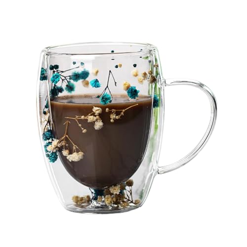 Doppelwandige Glas Kaffeetassen Mit Getrockneten Blumen, 350ml Blumen Doppelschicht Glasbecher, Doppelwandige Gläser, Trockenblumen-Doppelglas, Isolierte Kaffeetasse Für Kalte Und Heiße Getränke von Generisch