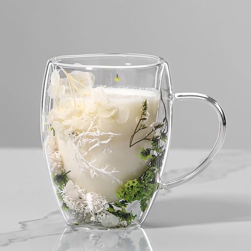 Doppelwandige Kaffeetassen Mit Getrockneten Blumen | 350ml Doppelwandige Kaffeegläser | Doppelwandige Latte Macchiato Gläser | Kaffeeglas Teegläser für Cappuccino, Tee, Milch, Bier von Generisch