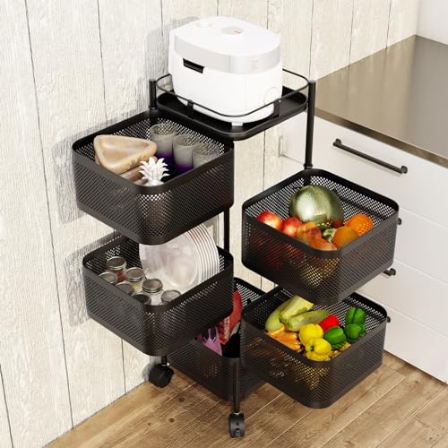 Drehbarer Obst- und Gemüsekorb, 5-stöckig, mobiles Metalldraht-Aufbewahrungsregal mit Deckel oben für Küche und Wohnzimmer, für frische Produkte und maximieren den Platz von Generisch