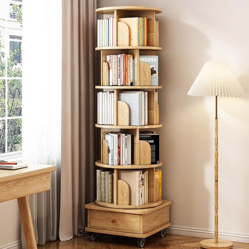 Drehbares Eck-Bücherregal mit Aufbewahrungsschublade, 360-Grad-Display, 5/6-stöckiges drehbares Bücherregal für Wohnzimmer, Schlafzimmer, Arbeitszimmer, inklusive Bremsräder von Generisch