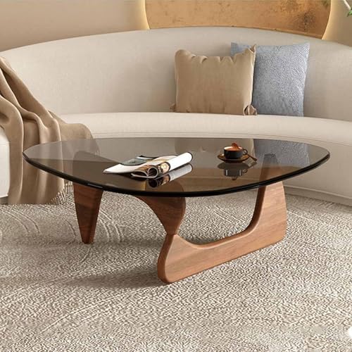 Dreieckiger Couchtisch mit Tischplatte aus gehärtetem Glas und Holzbeinen für Wohnzimmer, einfache Montage von Generisch