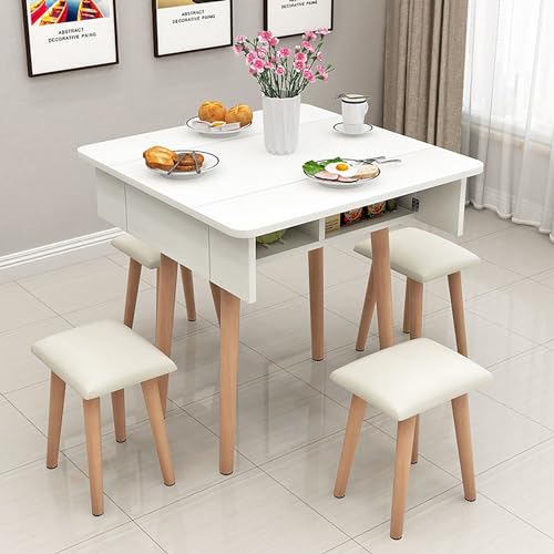 Drop Leaf Esstisch mit Stauraum, platzsparender, ausziehbarer Esstisch für kleine Räume, Teakfarben, 80 cm mit Hocker von Generisch