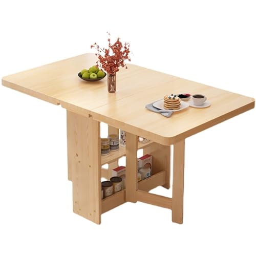 Drop Leaf Esstisch mit doppelschichtigem Aufbewahrungsregal, solides Holz, faltbarer Küchentisch, ausziehbarer Schreibtisch, leicht zu tragen, 400 kg von Generisch