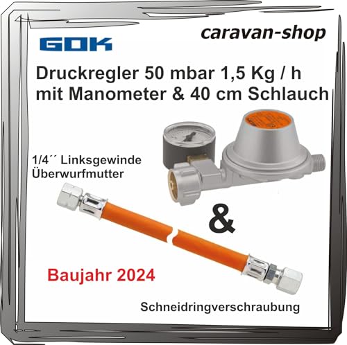 Druckminderer für Caravan Wohnmobil 50 mbar Manometer + Schlauch 40 cm Gasregler von Generisch