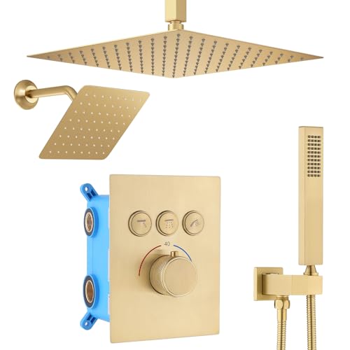Duales Duschkopf-System – 30,5 cm Decken-Regendusche & 15,2 cm Wandhalterung, Ganzkörper-Duschset mit 3-Wege-Thermostatventil, gebürstetes Gold-Finish für luxuriöses Spa-Erlebnis Duales Duschkopf-System – 30,5 cm Decken-Regendusche & 15,2 cm Wandhalterung, Ganzkörper-Duschset mit 3-Wege-Thermostatventil, gebürstetes Gold-Finish für luxuriöses Spa-Erlebnis von Generisch
