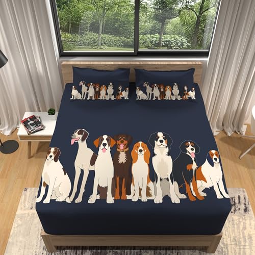 Spannbetttuch Cartoon Hunde Muster, 160 x 200 cm Spannbettlaken aus Mikrofaser für Hohe Matratze bis 30 cm, Dunkelblau Sommer Spannbettlaken Matratzenschoner von Generisch