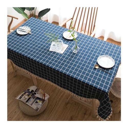 Dunkelblaue rechteckige Tischdecke, 100 x 160 cm, waschbar, Baumwoll-Leinen-Mischgewebe, bestickt, kariertes Design mit Quasten, ideal für Küche und Esszimmer von Generisch
