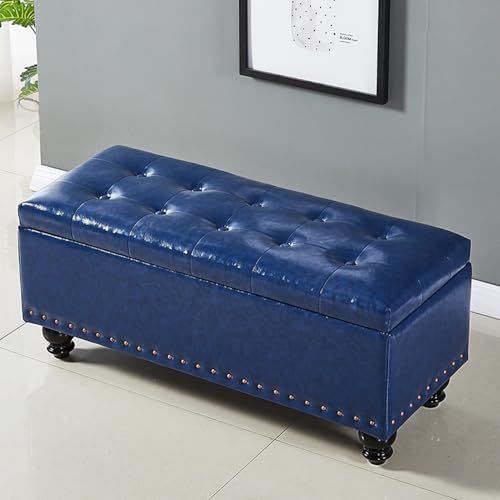 Dunkelblauer Kunstleder-Ottomane – Gepolsterter gesteppter Pouf mit Nieten für Schlafzimmer, Wohnzimmer, Eingangsbereich – rechteckige Fußstütze, Sofa, Größe 80 x 40 x 45 cm von Generisch