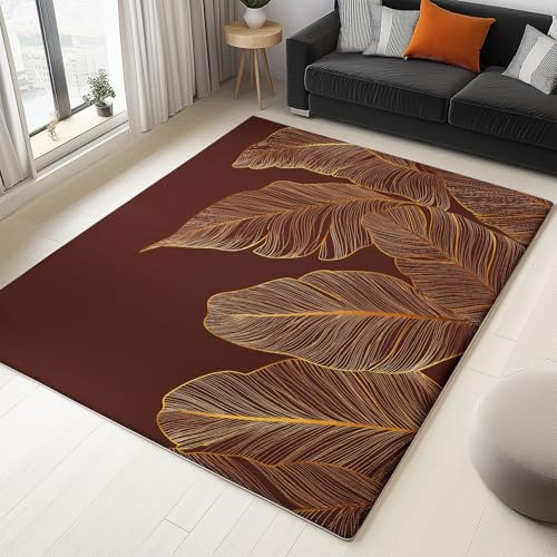 Dunkelbraun Waschbarer Rutschfester Teppich 60 x 90 cm Wohnzimmer Schlafzimmer Teppiche Handgezeichnete Linien Bananenblatt-Muster Flauschig Weich Teppich, Für Flur, Eingangsbereich, Büro & Küche von Generisch