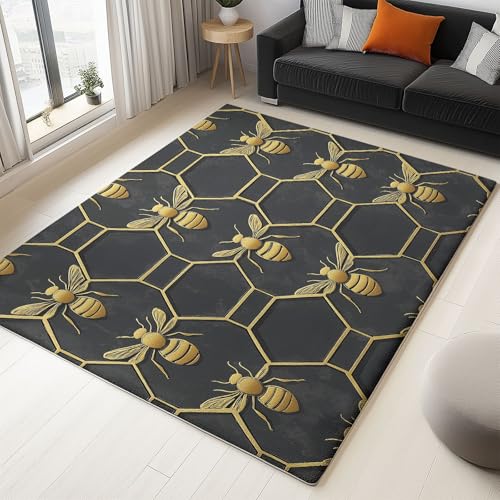 Dunkelgrau Wohnzimmer Teppich - 140x200 cm Geometrisch Bienenstock Biene Drucken Teppich, Waschbarer Rutschfester Kurzflor Wohnzimmerteppiche für Schlafzimmer Esszimmer Kinderzimmer Büro von Generisch