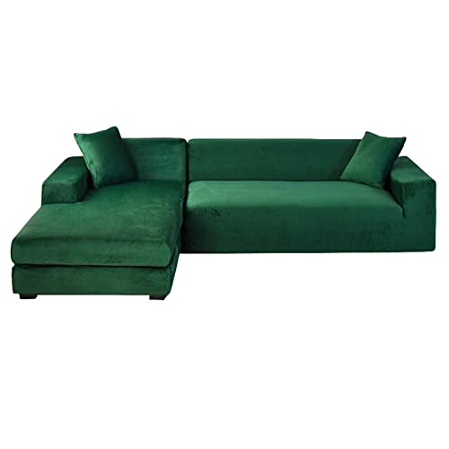 Dunkelgrüne Samt-Couchbezüge – 2 Stück Stretch L-Form rutschfester Sofaschoner für Ecksofas – weicher Möbelbezug für 4+2-Sitzer Wohnzimmer von Generisch