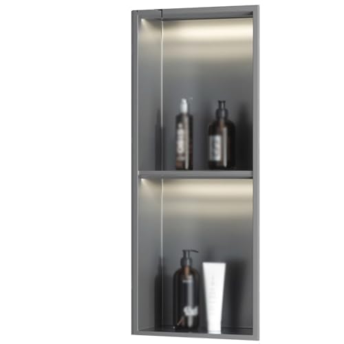 Duschablage aus Edelstahl mit LED-Licht, Metall-Aufbewahrungsschrank und Toilettenpapierhalter für Bad und Küche, modernes Grau, 28 x 70 x 12,5 cm von Generisch