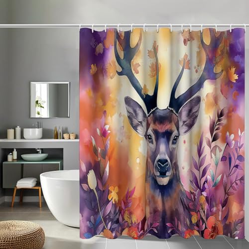 Duschvorhang 3D Blumen Hirsch Design Wasserdicht Polyester Stoff Schnell Trocknend 180x180cm Inklusive 12 Haken Badezimmer Dekor Zubehör von Generisch