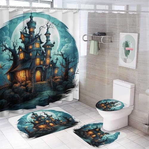 Duschvorhang Set Halloween-Duschvorhang-Set Mit Teppichen Vollmond Horror Badezimmer-Sets Mit Duschvorhang Und Teppichen Und Zubehör, Anti Schimmel Wasserdichte Vorhang-Sets Mit (Grün,183x183cm) von Generisch