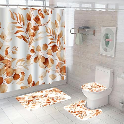 Duschvorhang-Set mit Eukalyptusblattmuster, wasserdicht, U-förmige Matte, WC-Deckelmatte, L-förmige Matte, Orange, 4-teiliges Set Duschvorhang-Set mit Eukalyptusblattmuster, wasserdicht, U-förmige Matte, WC-Deckelmatte, L-förmige Matte, Orange, 4-teiliges Set von Generisch