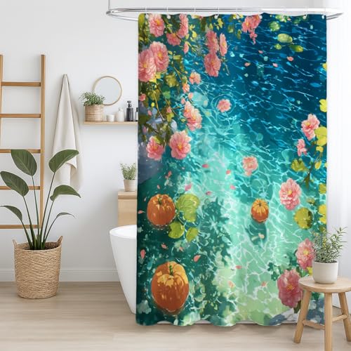Duschvorhang Wasserdicht Atmungsaktive Gewebestruktur für Badezimmer Blau Anime See Blumen,90 x 180cm（35" x 71"） von Generisch