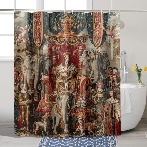 Duschvorhang im Vintage-Stil, königliche Königin und Königin, Elefanten-Dekoration, barockes, historisches wasserdichtes Stoff-Duschvorhang-Set mit Haken, 183 x 198 cm Duschvorhang im Vintage-Stil, königliche Königin und Königin, Elefanten-Dekoration, barockes, historisches wasserdichtes Stoff-Duschvorhang-Set mit Haken, 183 x 198 cm von Generisch