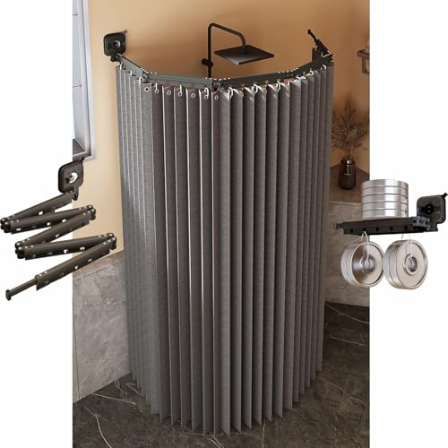 Duschvorhangstange + Wasserabweisender Duschvorhang, An Der Wand Montierte, Faltbare Duschvorhangstange – Saugnapfmontage, Für Wohnmobil/Hotel/Zuhause(Gray,4Fold-180CM) von Generisch