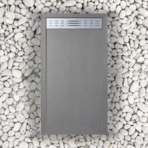 Duschwanne 90 x 110 cm mit seitlichem Gitter Line Slim Grau Ral 7037 aus Kunstharz und Marmorpulver mit Ablaufgarnitur von Generisch