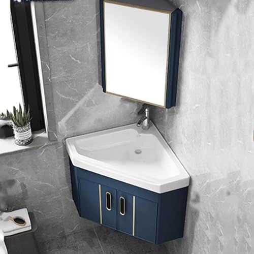 Eck-Badezimmerschrank mit Spiegel, bewegliches schwimmendes Waschbecken, platzsparendes Design mit Heiß- und Kaltwasserhahn, ideal für kleine Badezimmer (Blau, 38 cm) von Generisch