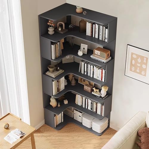 Eck-Bücherregal, 6-stöckiges hohes Bücherregal mit Anti-Drop-Panel, L-förmiges Etagere-Regal, freistehendes Präsentationsregal für Home Office und Wohnzimmer Aufbewahrung von Generisch