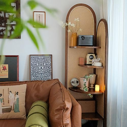 Eck-Bücherregal aus Rattan & Massivholz, stabiles, freistehendes Bücherregal für Wohnzimmer und Heimbüro, Aufbewahrung, stilvolles Ausstellungsregal mit langlebigen Holzschichten von Generisch