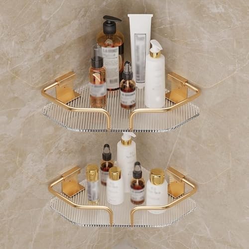 Eck-Duschregal – Weltraum-Aluminium-Badezimmerregal mit Acryl-Stativ-Design, wandmontiert, schwimmendes Aufbewahrungsregal für Küche und Badezimmer (goldfarben, 2 Ebenen) von Generisch