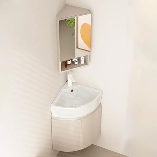 Eck-Wandhalterung, Badezimmer-Waschbecken, platzsparende Eck-Waschtisch-Kombination, stilvoller Badezimmer-Eckschrank mit Stauraum, Keramikwaschbecken für kleine Räume (48 cm) von Generisch