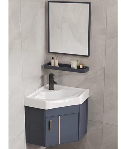 Eck-Waschbeckenunterschrank zur Wandmontage, mit Keramik-Waschbecken und Spiegel, platzsparendes Design, stilvolles blaues Finish, 38 cm, perfekt für kleine Badezimmer Eck-Waschbeckenunterschrank zur Wandmontage, mit Keramik-Waschbecken und Spiegel, platzsparendes Design, stilvolles blaues Finish, 38 cm, perfekt für kleine Badezimmer von Generisch
