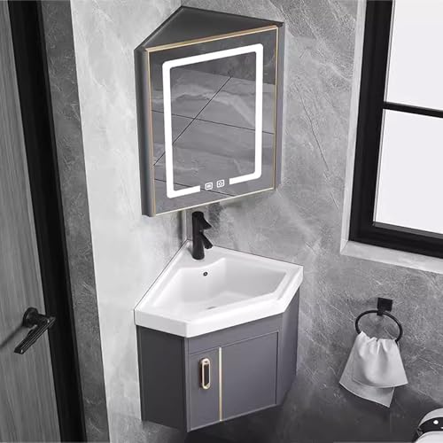 Eckbadezimmer Waschtisch Set mit Waschbecken und LED Spiegel, platzsparender Wandschrank für kleine Badezimmer von Generisch